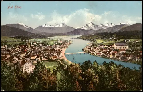 Ansichtskarte Bad Tölz Stadtpartie im Hintergrund Alpen 1917