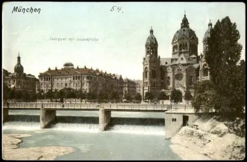 Ansichtskarte München Jsarquai mit Lucaskirche 1908