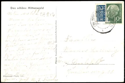 Ansichtskarte Mittenwald Lautersee gegen Karwendelgebirge Berggipfel 1961