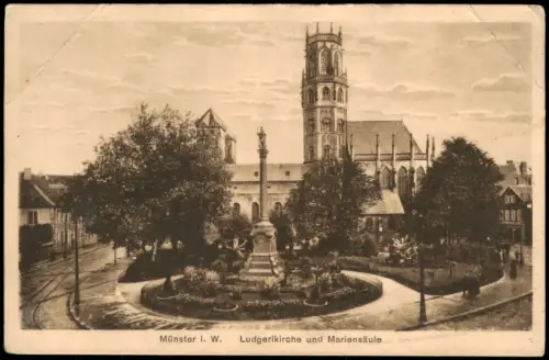 Münster (Westfalen) Ludgerikirche und Mariensäule , Straßenpartie 1922