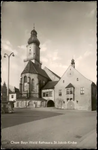 Ansichtskarte Cham (Oberpfalz) Rathaus, St. Jakob-Kirche und Kiosk 1962