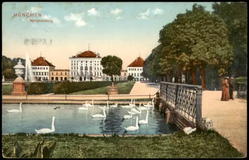 Ansichtskarte München Schloss Nymphenburg Brücke Schwäne 1913
