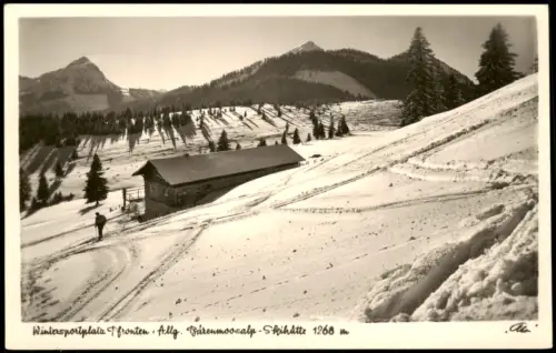 Ansichtskarte Pfronten (Allgäu) Bärenmoosalp-Skihütte Skifahrer Winter 1930