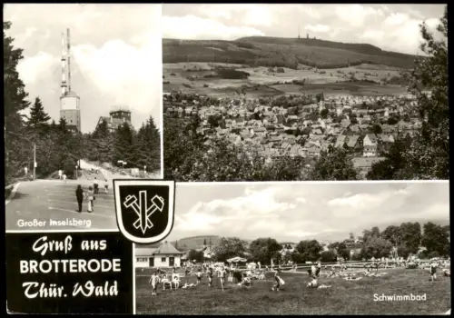 Brotterode Inselberg, Stadtblick mit Inselberg in der Ferne, Schwimmbad 1980