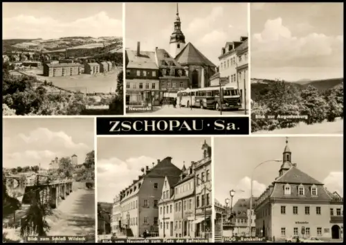 Zschopau DDR Mehrbild-AK u.a. mit Neumarkt Blick zur Augustusburg 1972