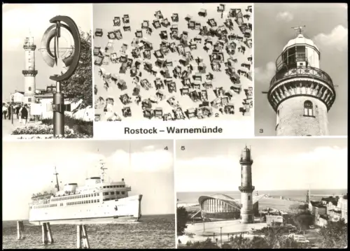 Ansichtskarte Warnemünde-Rostock Strand, Luftbild, Leuchtturm, Dampfer 1983
