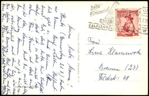 Ansichtskarte Gmunden (Salzkammergut) Panorama-Ansicht, Traunsee, Berge 1955