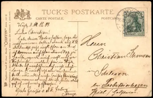 Künstlerkarte "Miss Olive May" elegante Frau mit Hut, Rosen 1909