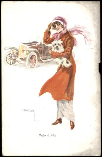 Signierte Künstlerkarte "MOTOR-LADY" Frau mit ihrem Auto Oldtimer 1910