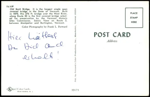 Postcard Vermont 2 Bild Old Scott Brigde 1972