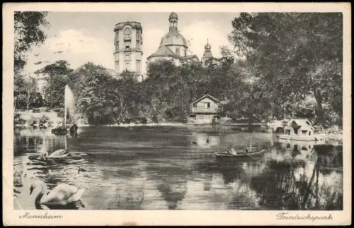 Ansichtskarte Mannheim Friedrichspark Schwäne Taubenhaus 1929