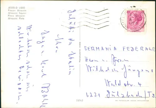 Cartolina Jesolo Italien Piazza Mazzini Mazzini Square Mazzini Platz 1974