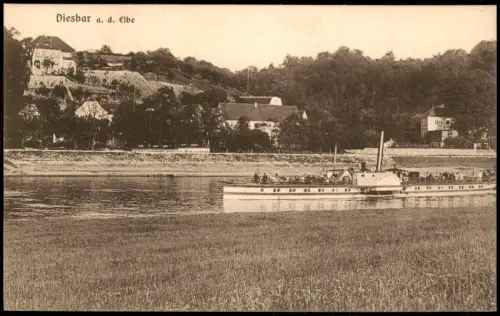 Ansichtskarte Diesbar (Elbe)-Nünchritz (Elbe) Stadtpartie und Elbdampfer 1915
