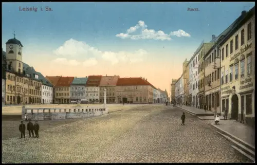 Ansichtskarte Leisnig Markt. Geschäft Justinus Richter 1915
