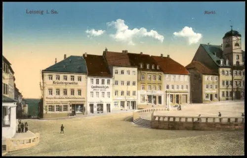 Ansichtskarte Leisnig Marktplatz Geschäfte 1915