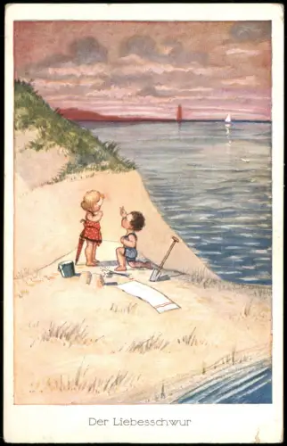 Ansichtskarte  Kinder Künstlerkarte Der Liebesschwur am Strand 1929