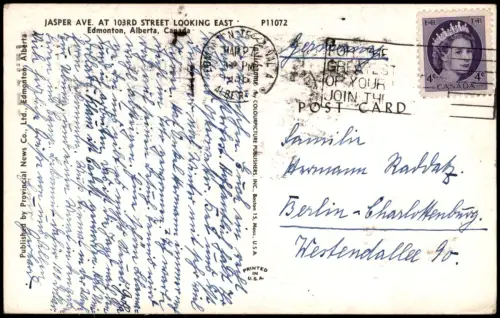 Postcard Edmonton JASPER AVE. AT 103RD STREET, Verkehr Autos Bus 1960