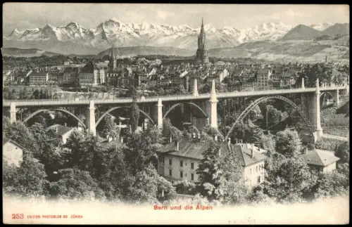 Ansichtskarte Bern (Schweiz) Berne Stadt Brücke und Alpen 1906