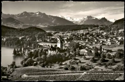 Ansichtskarte Spiez Stadtblick mit Alpen - Fotokarte 1956