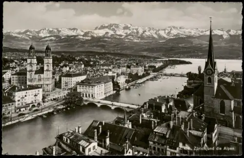 Ansichtskarte Zürich Stadtpartie und Alpen - Fotokarte 1956