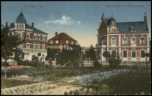 Ansichtskarte Coswig (Sachsen) Sachsenstraße und Bahnhofstraße 1914