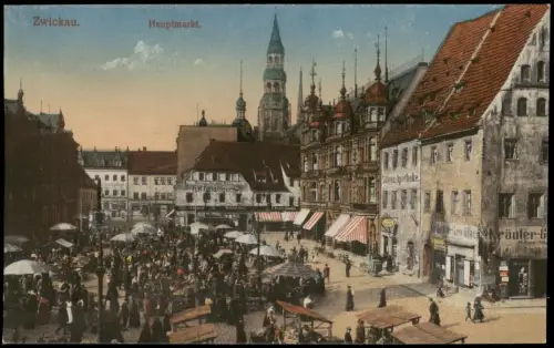 Ansichtskarte Zwickau Hauptmarkt, Markttreiben 1916