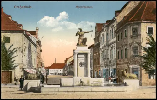 Ansichtskarte Großenhain Marktbrunnen. Geschäfte 1916