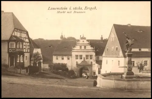 Lauenstein Altenberg Erzgebirge Markt mit Brunnen - Bäckerei 1916