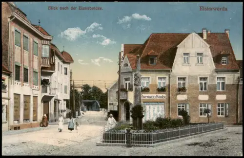 Elsterwerda Wikow Blick nach der Elsterbrücke. Straßenszene 1916