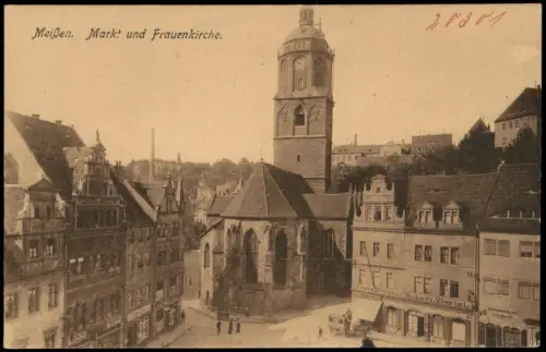 Ansichtskarte Meißen Marktplatz, Frauenkirche und Geschäfte 1917