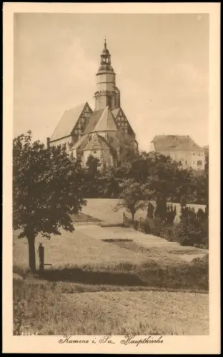 Kamenz Kamjenc Blick von der Wiese auf Hauptkirche Marienkirche 1916