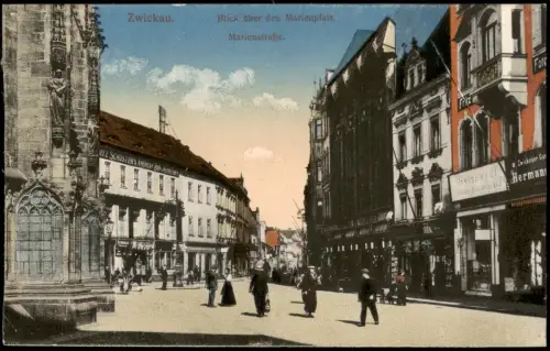 Ansichtskarte Zwickau Blick über den Marienplatz Marienstraße. 1916