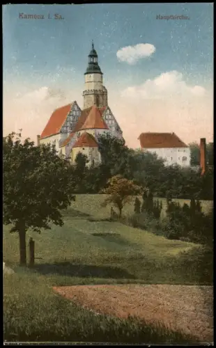 Ansichtskarte Kamenz Kamjenc Felder vor der Hauptkirche 1916