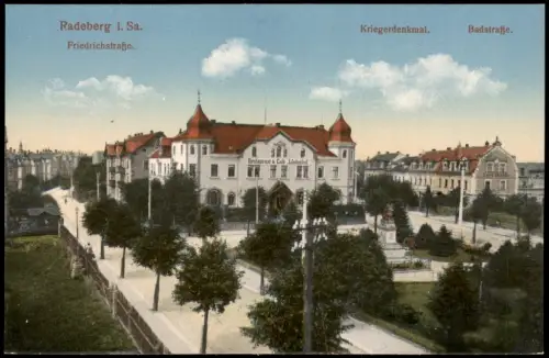 Ansichtskarte Radeberg Friedrichstraße. Kriegerdenkmal. Badstraße. 1916