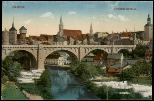 Ansichtskarte Bautzen Budyšin Kronprinzenbrücke und Stadt 1916