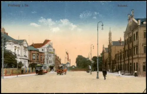 Ansichtskarte Freiberg (Sachsen) Bahnhof Straßenbahn 1916