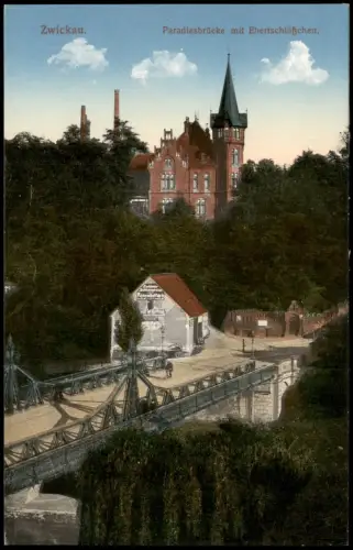 Ansichtskarte Zwickau Paradiesbrücke mit Ebertschlößchen. 1916