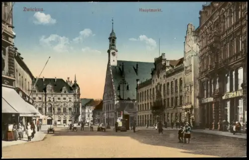 Ansichtskarte Zwickau Hauptmarkt Geschäfte 1916