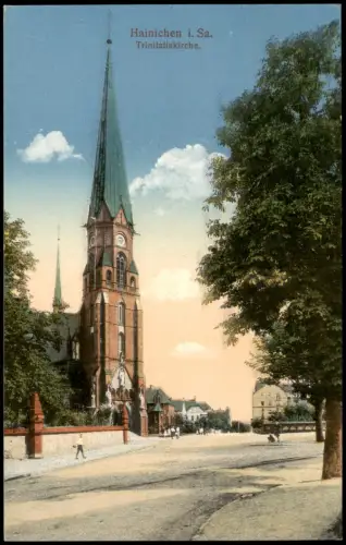 Ansichtskarte Hainichen Straßenpartie Trinitatiskirche. 1916