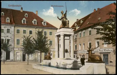 Ansichtskarte Großenhain Marktbrunnen. Geschäfte 1916