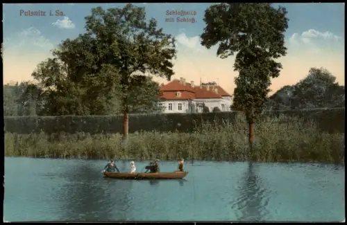 Ansichtskarte Pulsnitz Schloßteich mit Schloß. 1916