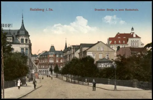 Ansichtskarte Radeberg Dresdner Straße u. neue Realschule. 1916
