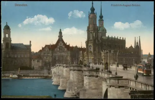 Ansichtskarte Dresden Stadt Straßenbahn Elbdampfer 1915