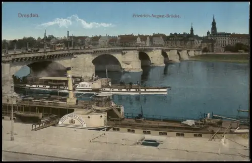 Innere Altstadt-Dresden Friedrich-August-Brücke. Dampfer Bohemia 1915