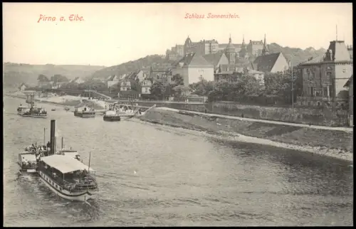 Ansichtskarte Pirna Schloss Sonnenstein. Elbdampfer 1915