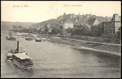Ansichtskarte Pirna Schloss Sonnenstein. Elbdampfer 1915