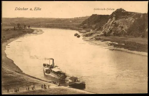 Diesbar Nünchritz Elbe Blick mit Elbe Dampfer Schiff Blick Göhrisch-Felsen 1910