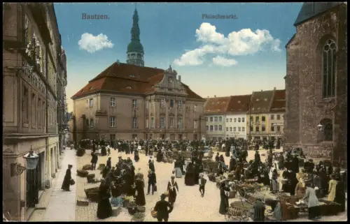 Ansichtskarte Bautzen Budyšin Fleischmarkt belebt 1915