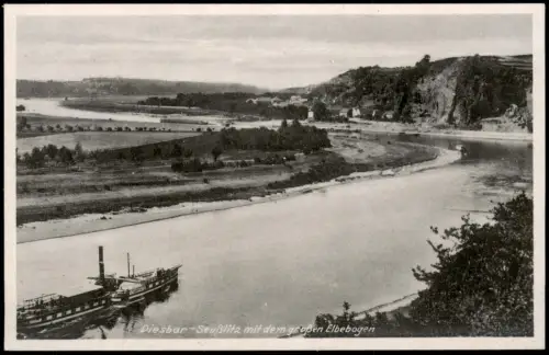 Diesbar (Elbe)-Nünchritz (Elbe) mit dem großen Elbebogen und Elbdampfer 1932