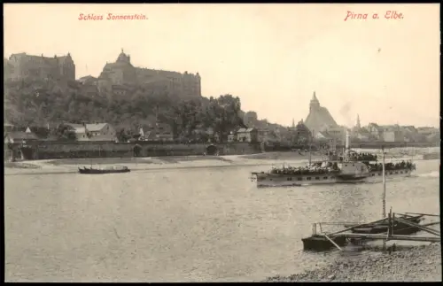 Ansichtskarte Pirna Schloss Sonnenstein Anlegestelle Dampfer 1915